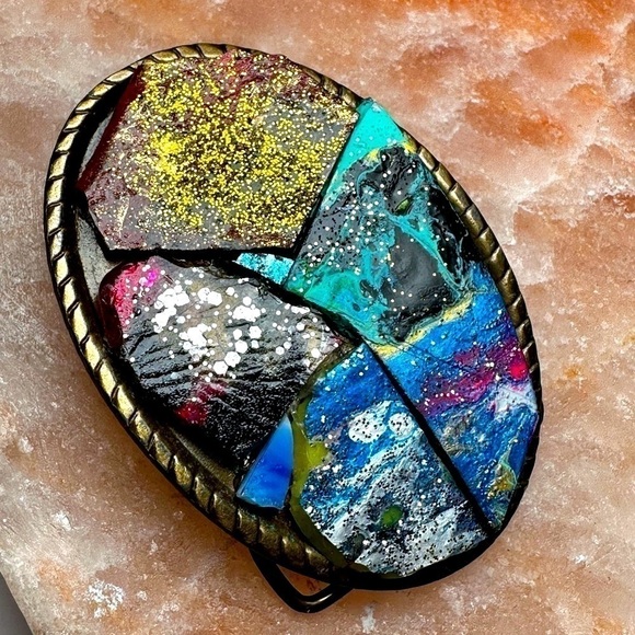 Repurposed BELT BUCKLE OOAK Hand Painted Mosaic Tiles Cluster Artisan Unisex - Picture 9 of 17
